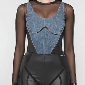 Maniere De Voir Mesh and Denim Corset Bodysuit